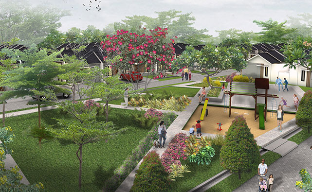 Area taman dan tempat bermain anak di perumahan baru di Maja